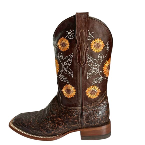 Reywelt Western Boots Embossed Leather Sunflower Embroidery Size 8 Square Toe - Picture 5 of 13
